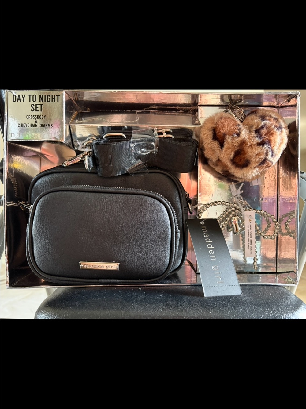 Madden Girl Black Crossbody Bag with Leopard Heart Charm - Picture 5 of 8